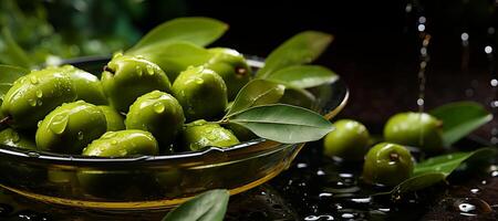 AI generated green olives on a blurred background Generative AI photo