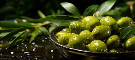 AI generated green olives on a blurred background Generative AI photo