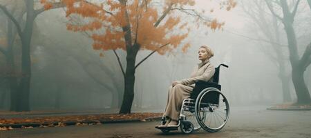 AI generated woman in a wheelchair in the park Generative AI photo