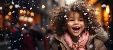 ai generado invierno retrato de un niño niña en un borroso antecedentes generativo ai foto