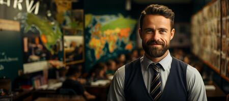 AI generated Geography teacher against the backdrop of a world map Generative AI photo