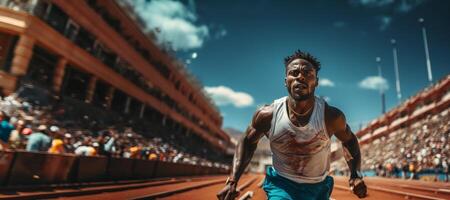 ai generado africano americano hombre corriendo a el estadio generativo ai foto