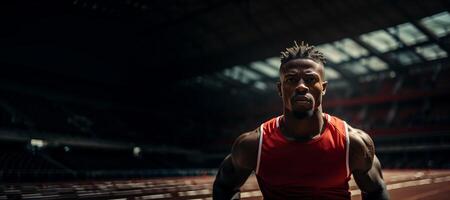 ai generado africano americano hombre corriendo a el estadio generativo ai foto