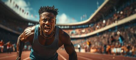 AI generated African American man running at the stadium Generative AI photo