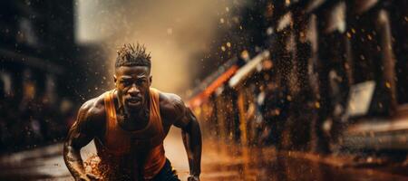 ai generado africano americano hombre corriendo a el estadio generativo ai foto