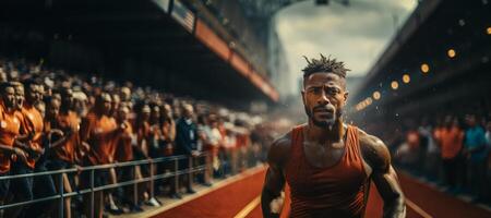 ai generado africano americano hombre corriendo a el estadio generativo ai foto