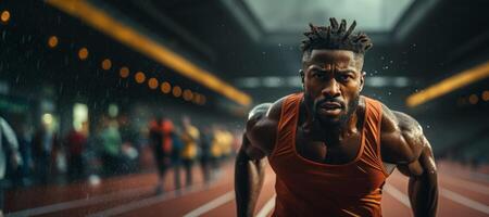 ai generado africano americano hombre corriendo a el estadio generativo ai foto