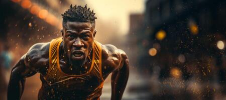 AI generated African American man running at the stadium Generative AI photo