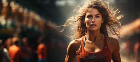 AI generated girl running at the stadium Generative AI photo
