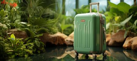 AI generated suitcase with handle and wheels on a blurred background Generative AI photo