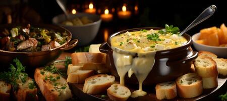 ai generado delicioso queso fondue en un arcilla plato generativo ai foto