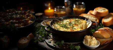 AI generated delicious cheese fondue on a clay plate Generative AI photo