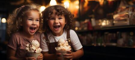 ai generado contento niños comiendo hielo crema generativo ai foto