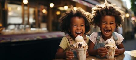 ai generado contento niños comiendo hielo crema generativo ai foto