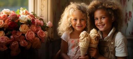 AI generated happy children eating ice cream Generative AI photo