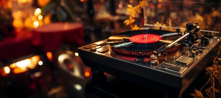 AI generated vinyl record player on blurred background Generative AI photo