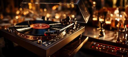 AI generated vinyl record player on blurred background Generative AI photo