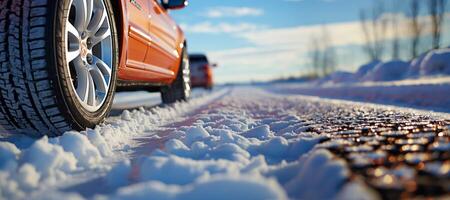 ai generado coche rueda en un Nevado la carretera de cerca generativo ai foto