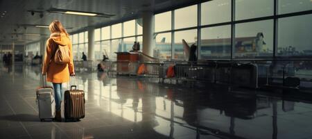 ai generado niña con un maleta esperando a el aeropuerto generativo ai foto