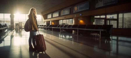 AI generated girl with a suitcase waiting at the airport Generative AI photo