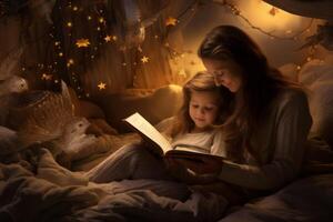 AI generated Mom reads a bedtime story to her child Generative AI photo