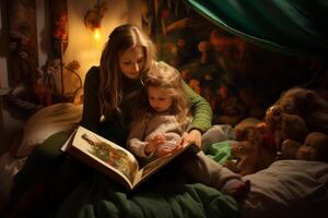AI generated Mom reads a bedtime story to her child Generative AI photo