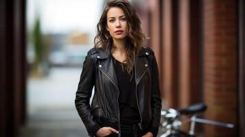 AI generated beautiful girl in leather jacket banner Generative AI photo