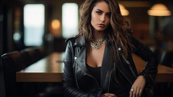 AI generated beautiful girl in leather jacket banner Generative AI photo