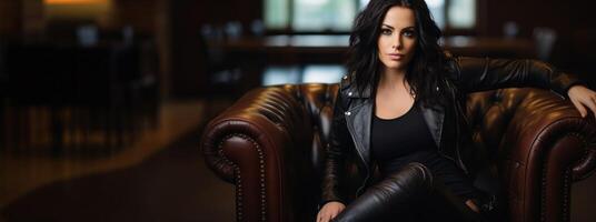 AI generated beautiful girl in leather jacket banner Generative AI photo