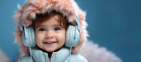 AI generated happy child in headphones listening to music banner Generative AI photo