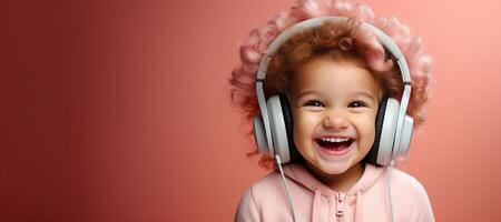 ai generado contento niño en auriculares escuchando a música bandera generativo ai foto