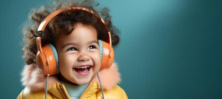 ai generado contento niño en auriculares escuchando a música bandera generativo ai foto