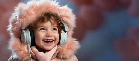 ai generado contento niño en auriculares escuchando a música bandera generativo ai foto