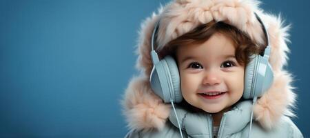 AI generated happy child in headphones listening to music banner Generative AI photo