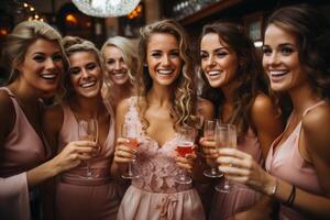 AI generated Bride and bridesmaids clink glasses Generative AI photo