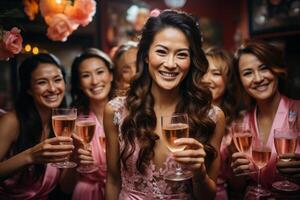 AI generated Bride and bridesmaids clink glasses Generative AI photo