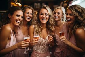 AI generated Bride and bridesmaids clink glasses Generative AI photo