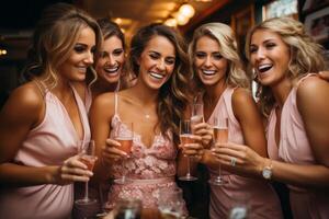 AI generated Bride and bridesmaids clink glasses Generative AI photo
