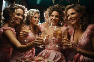 AI generated Bride and bridesmaids clink glasses Generative AI photo