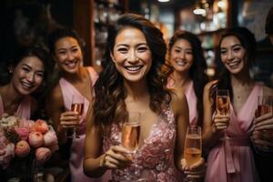 AI generated Bride and bridesmaids clink glasses Generative AI photo