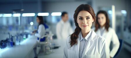 AI generated girl in a white coat in the laboratory on a blurred background banner Generative AI photo