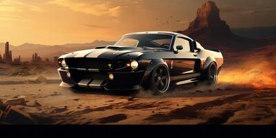 AI generated muscle car against sunset background banner Generative AI photo