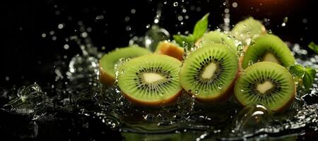 AI generated sliced kiwi splash water banner Generative AI photo