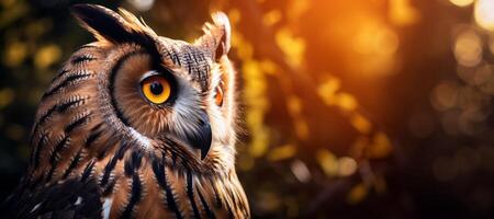 AI generated owl on a blurred background close-up banner Generative AI photo