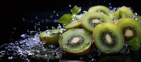 AI generated sliced kiwi splash water banner Generative AI photo