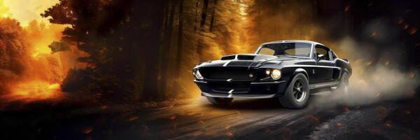 AI generated muscle car against sunset background banner Generative AI photo