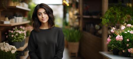 AI generated girl in a flower shop against a blurred background banner Generative AI photo