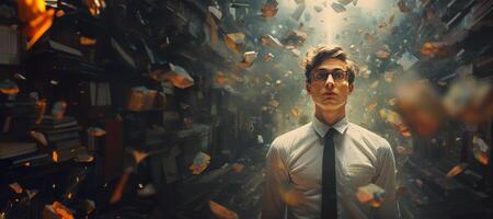 AI generated tired man in the office banner  Generative AI photo