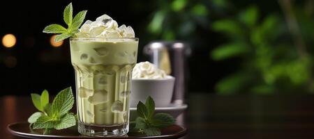 AI generated Iced Green matcha tea mixed with an ice cube and milk banner Generative AI photo