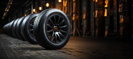 AI generated new car tires blurred background banner Generative AI photo